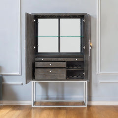 Andra - Bar Cabinet - Hand Brushed Gray Oak & Chrome