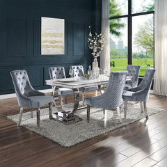 Zander - Dining Table - White Printed Faux Marble & Mirrored Silver Finish