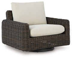 Kimora - Beige / Dark Brown - 7 Pc. - 4-Piece Outdoor Sectional, Swivel Glider Lounge, Cocktail Table, End Table