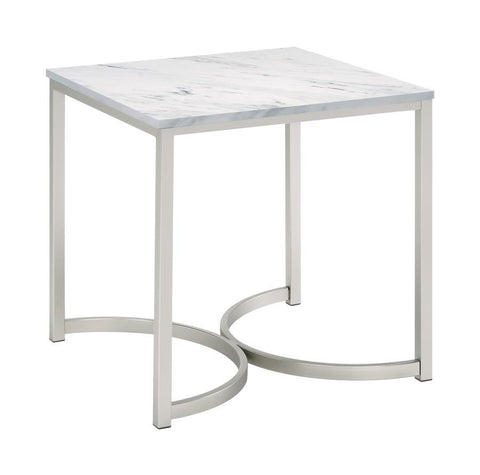 Leona - Square Faux Marble Side End Table - Satin Nickel