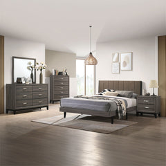 Valdemar - Queen Bed - Brown Fabric & Weatheted Gray Finish