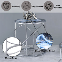 Lyda - End Table - Blue Marble Print & Chrome