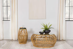 Dahlia - Round Glass Top Woven Rattan End Table - Natural