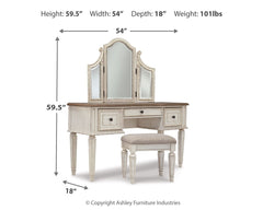 Realyn - Vanity/Mirror/Stool (Set of 3) - White / Brown / Beige