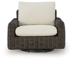 Kimora - 7 Pc. - 4-Piece Outdoor Sectional, Swivel Glider Lounge, Cocktail Table, End Table - Beige / Dark Brown
