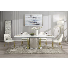 Fadri - Dining Table With Engineering Stone Top & Pedestal Base - Mirrored Silver & Gold