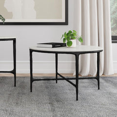 Hermas - Round Genuine Marble Top Metal Coffee Table - White