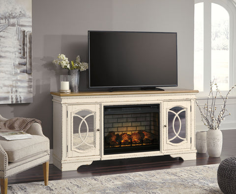 Realyn - Chipped White - 2 Pc. - 74" TV Stand with Electric Infrared Fireplace Insert