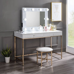 Ottey - Vanity Desk - White High Gloss & Gold Finish